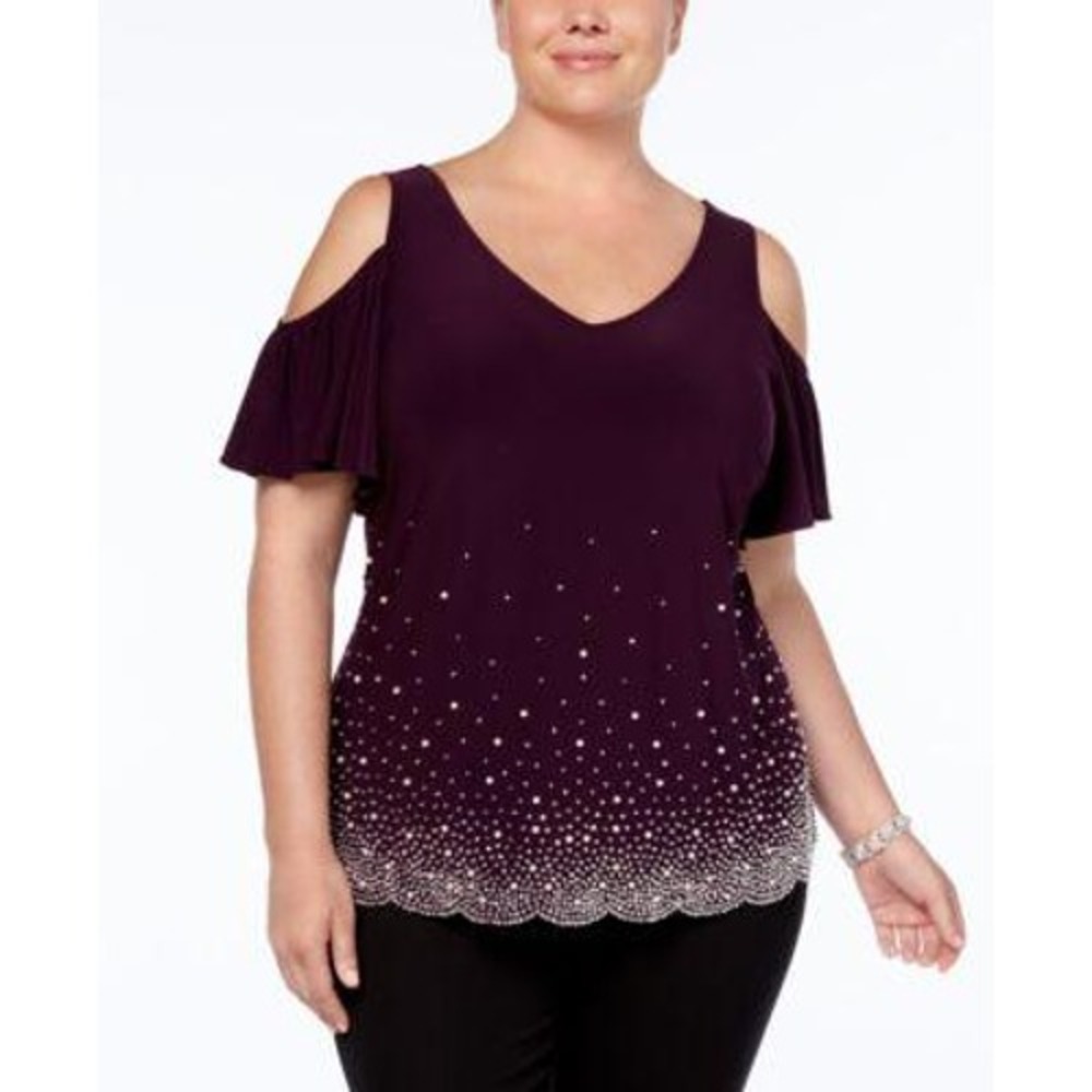 MSK Cold Shoulder Top Rhinestone‎ Embellished Party  Plum Cocktail 2X